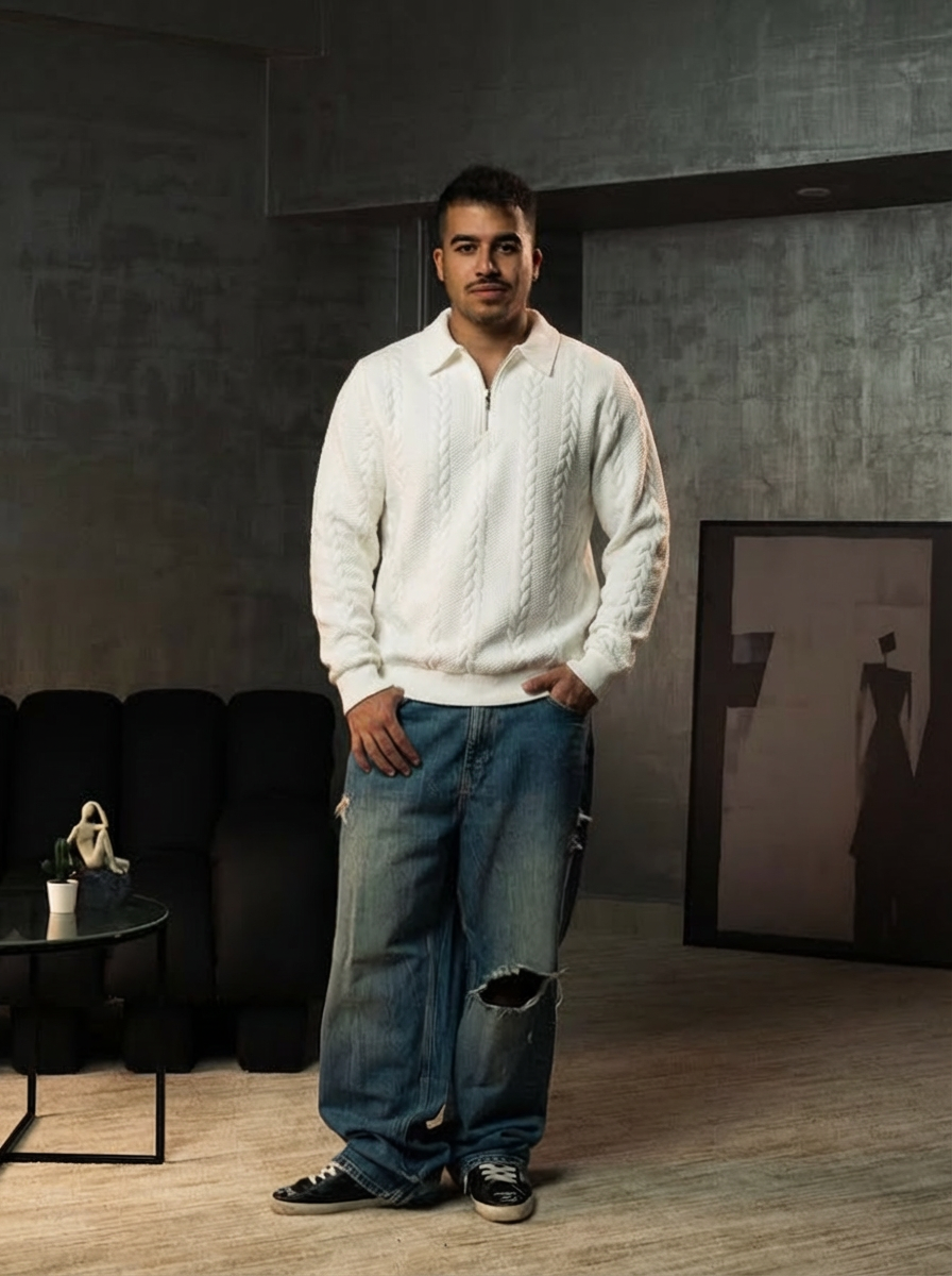 Cable Knit Zip-Collar Sweater